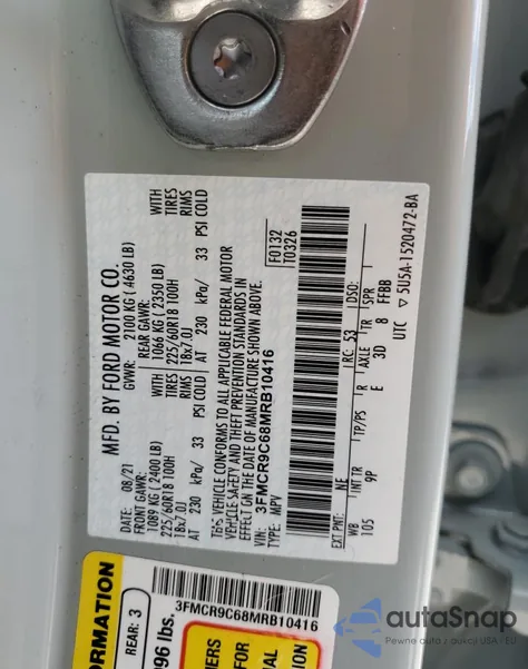 2021 Ford Bronco Sport Outer Banks из США, поврежденный, VIN 3FMCR9C68MRB10416